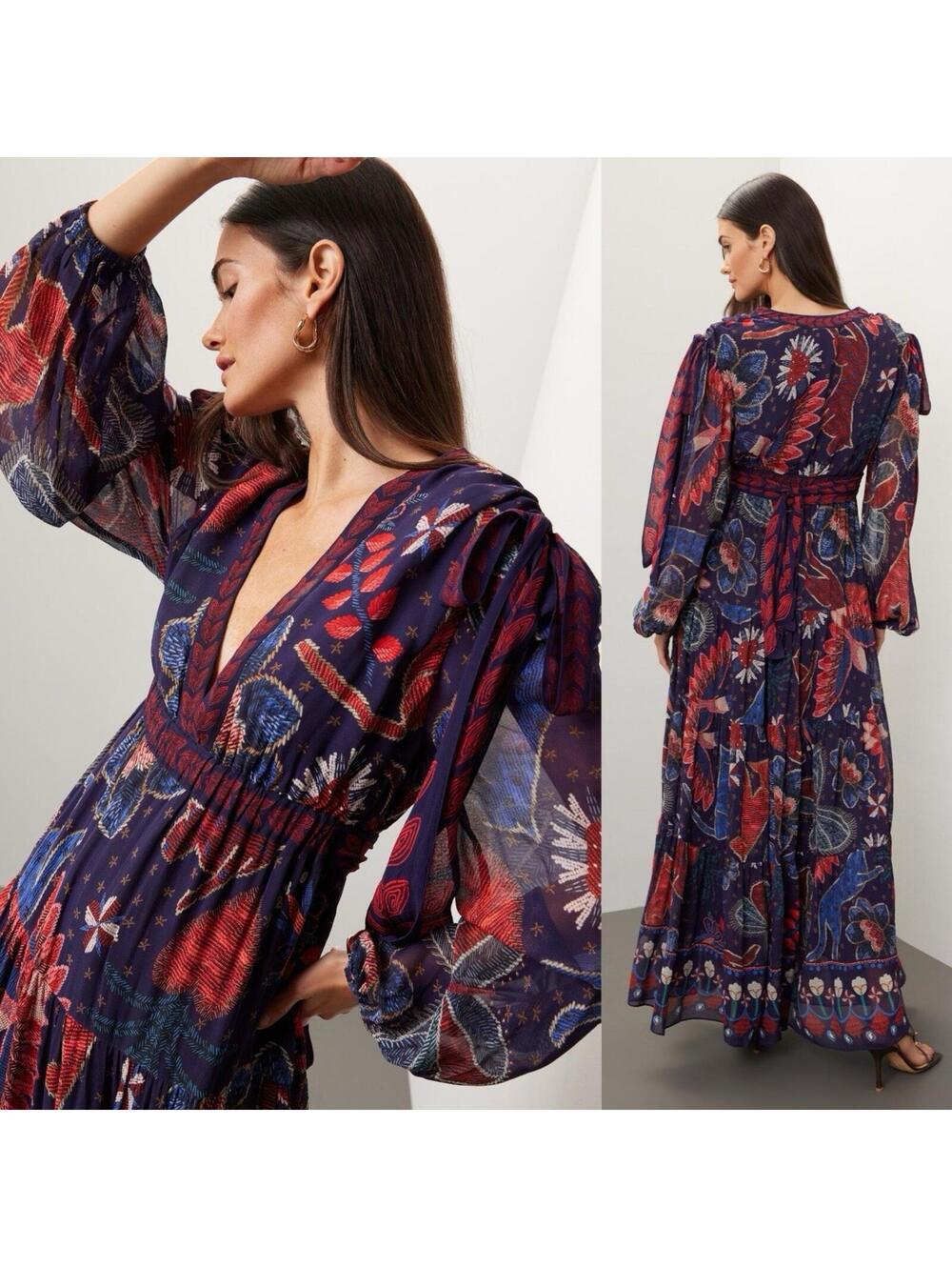$330 Farm Rio Tropical Shine Maxi Dress Navy Floral V-Neck - SMALL